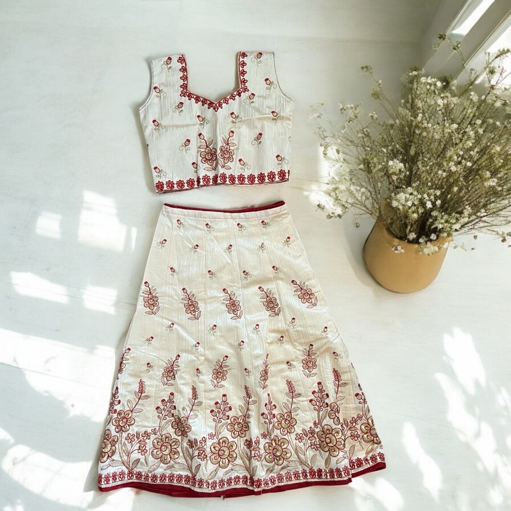 Floral Embroidered White and Red Skirt Lehenga set